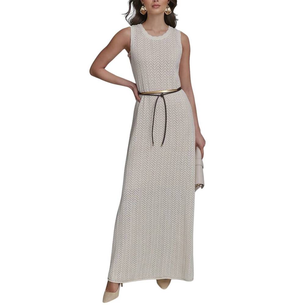 NEW DONNA KARAN metallic knit maxi sweater dress in ivory